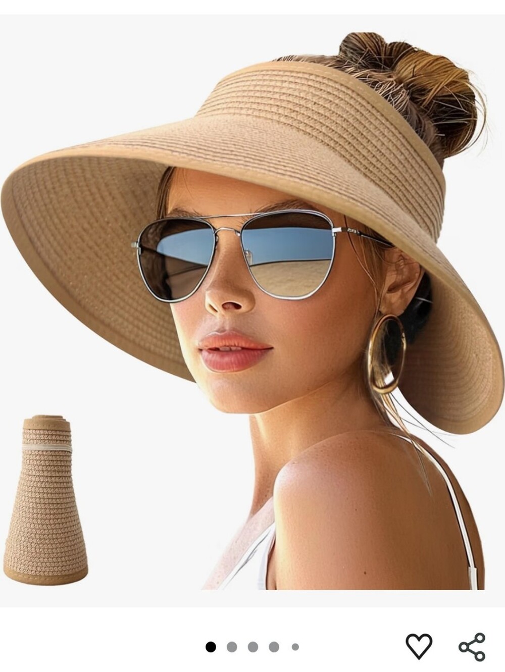 Wide Brim Roll-Up Sun Visor Hat - Beige